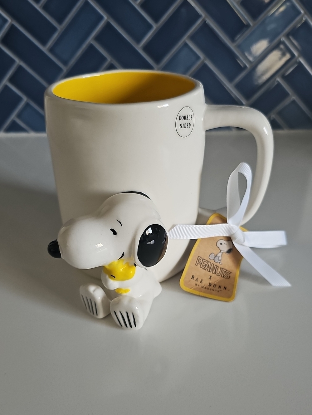 RAE DUNN Peanuts White Ceramic Mug with Yellow Interior and Snoopy Figurine